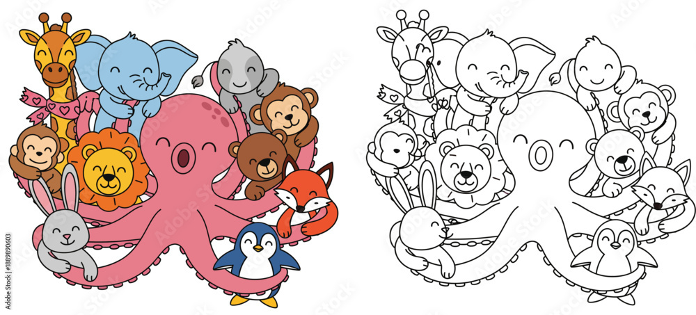 Fototapeta premium Cute cartoon octopus hugging various wild animals including giraffe elephant and lion for coloring book and children educational activity