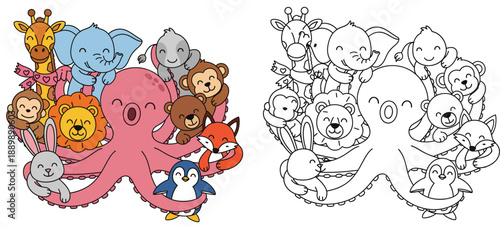 Cute cartoon octopus hugging various wild animals including giraffe elephant and lion for coloring book and children educational activity