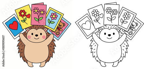 Cute cartoon hedgehog holding greeting cards with heart and flowers vector illustration for coloring book and children activity