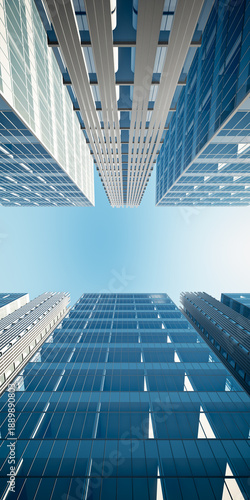 Photography 3d rendering of skyward view of modern skyscrapers rising toward open sky, showcasing urban architecture and metropolitan development, represents real estate growth and office buildings