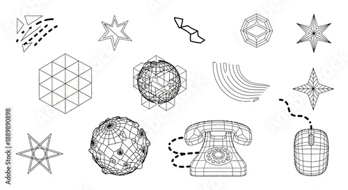 Geometric patterns on a white background composed of stars, spheres, old telephone and mouse