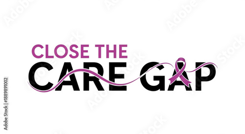 Close the Care Gap text with purple ribbon symbolizing awareness and support for health equity isolated on white background