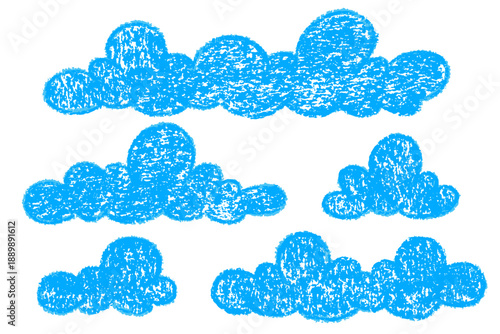 Hand-drawn cloud doodles with soft crayon texture for kids designs, nursery decor or playful sky-themed illustrations with pastel pen. Vector elements on white background
