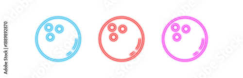 Multiple variants of colorful neon bowling ball icons, glowing outlines for sports and recreation, modern graphic design element isolated on transparent background.