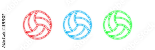 Multiple variants of vibrant neon volleyball icons, featuring glowing red, blue, and green outlines, isolated on transparent background for sports, games, and modern digital interface designs.