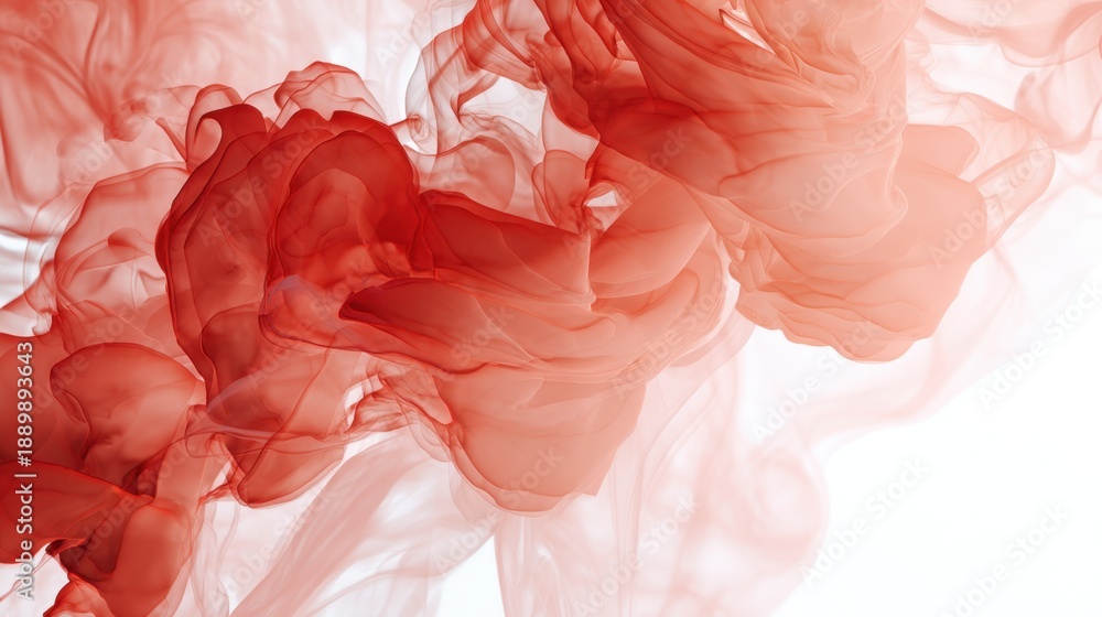 Obraz premium Red and peach colored smoke-like transparent ethereal forms floating on a white background. Abstract fluid art effect for design element.