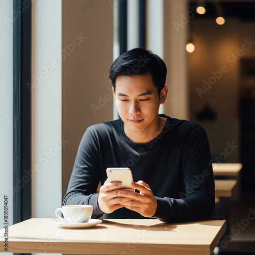 Man sitting at a cafe table, using smartphone, with cup of coffee nearby, relaxed atmosphere, indoor setting, close-up view