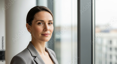 Professional woman in a modern office setting viewed from a slight angle near a large window