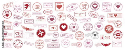 vintage valentine mail postage stamp collection vector illustration romantic love themed elements red pink retro style for prints posters cards packaging stationery gifts