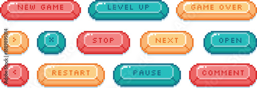 Retro pixel game buttons ui menu navigation elements set vector