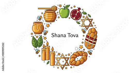 Circular holiday frame with traditional Rosh Hashanah symbols like honey, apple, pomegranate, and challah bread for Shana Tova.