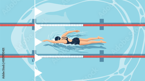 Female athlete swimming the front crawl stroke in a competition swimming pool with lane lines, viewed from above.