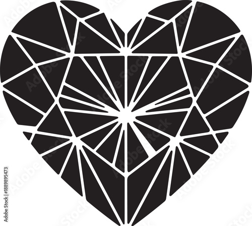 Abstract black heart with geometric facets resembling a cut diamond on white background