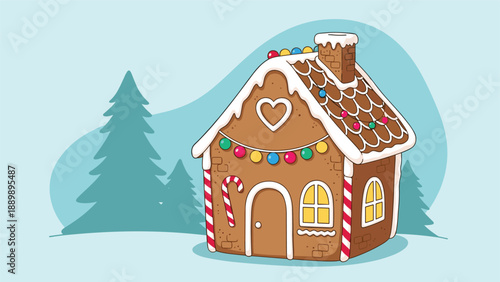 Festive gingerbread house decorated with white icing, colorful candies, and a candy cane against a blue winter background.