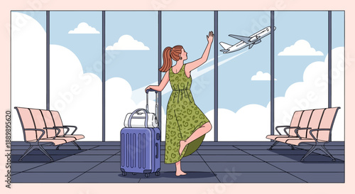 Woman in green dress waving at airplane taking off at airport terminal from waiting area with luggage