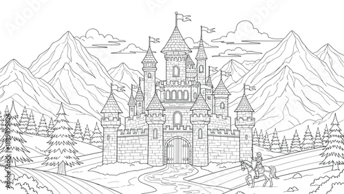 Detailed coloring page of a medieval fairytale castle in a mountain landscape, with a knight on horseback approaching.