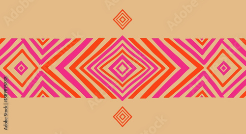 Vibrant geometric pattern with culture-inspired design elements displayed in a digital artwork, viewed from a straightforward perspective