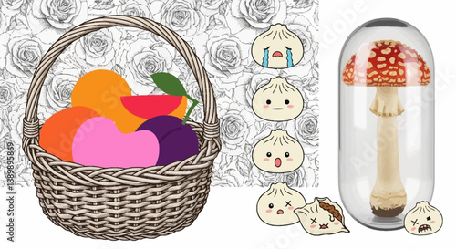 Fresh Fruits and Mushrooms in a Basket and Jar, Cartoon Style, White Background, Overhead Viewpoint Showing Variety of Produce