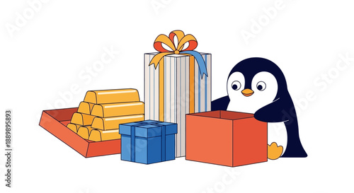 Penguin unpacking gifts and boxes in a joyful scene with wrapped presents and cardboard containers