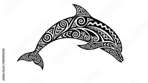 Jumping dolphin silhouette filled with a black and white Polynesian tribal pattern, perfect for a Maori-style tattoo design.