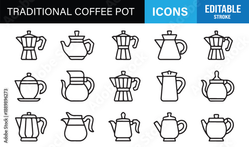Café coffee pot linear icons collection with clean editable outlines