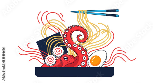 Vibrant seafood dish with octopus and noodles presented in a bowl with chopsticks from a top view