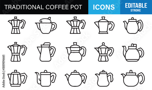 Minimal coffee pot icons set in linear outline style for web and print