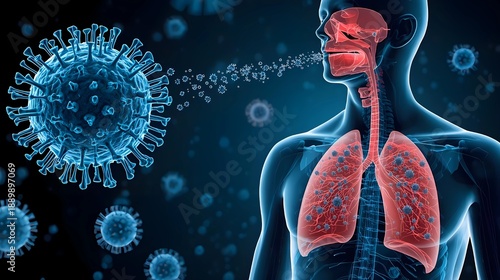 The image shows a digital illustration of a virus particle entering a human body through the respiratory system, highlighting the lungs and airway in red to represent infection or inflammation.