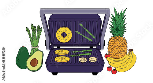 Assorted fruits and vegetables surrounding a waffle maker with pancakes and toppings inside