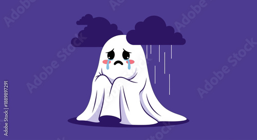 Lonely ghost sitting alone in the rain under dark clouds on a gloomy day illustration
