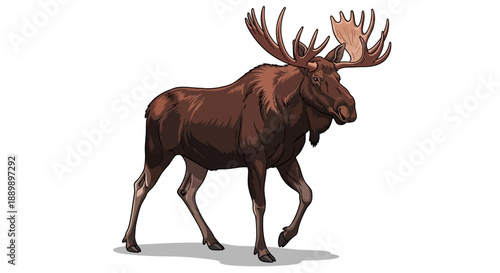 A majestic moose with large antlers walking through a serene forest landscape, viewed from the side