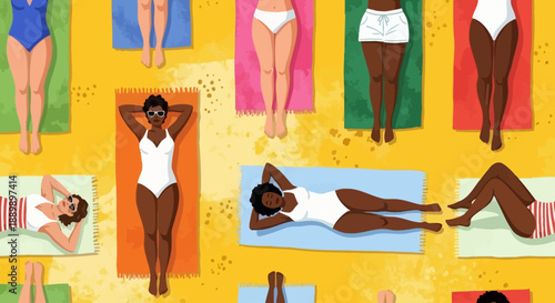 Diverse women relaxing on mats in various yoga poses on a vibrant yellow floor from a bird's eye view