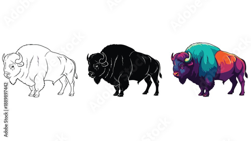 Set of three crescent moon icons outline, solid dark blue, and colorful abstract design