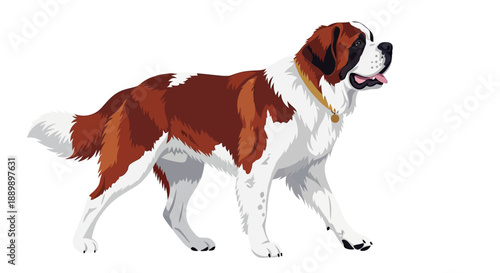 A large brown and white dog walking with its mouth open, showcasing its tongue and teeth, in a digital illustration style.
