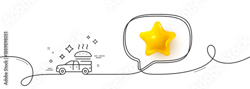 Food delivery line icon. Continuous line with 3d star. Pickup transport sign. Restaurant service symbol. 3d star in speech bubble. Food delivery single line ribbon. Loop curve pattern. Vector