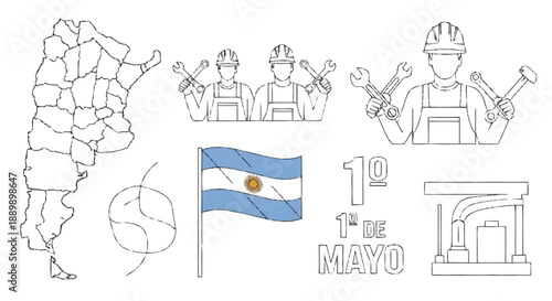 Workers with tools and Argentinian flag celebrating May Day construction helmets