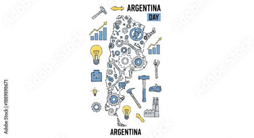 Argentina Day with gears tools and industrial on map shape