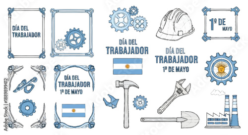 Blue and white labor day with gears tools and flags