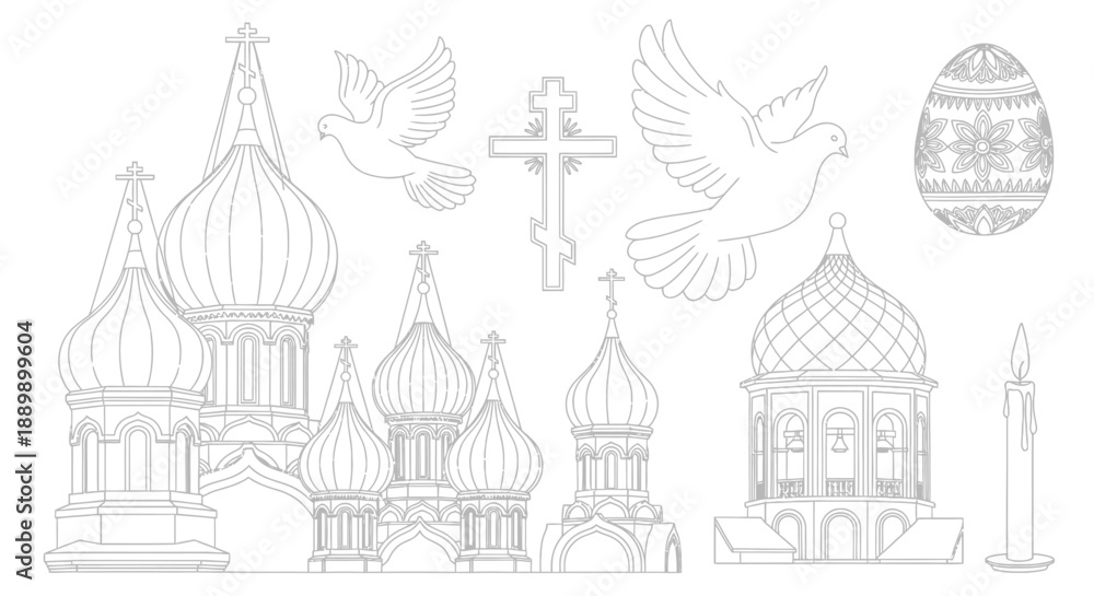 Εκτύπωση καμβά Line of church domes, doves, cross, and Easter egg line church domes onion domes