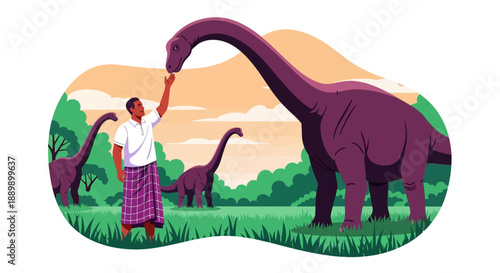 Man interacting with dinosaurs in a prehistoric landscape illustration from a low viewpoint