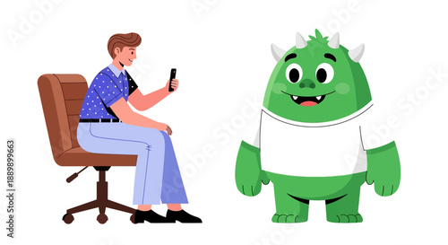 A man sitting on a chair taking a picture of a green monster wearing a white shirt