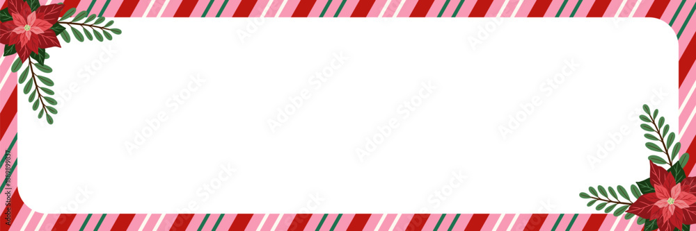 Obraz premium Christmas border with poinsettia and pink candy cane striped frame. Festive Christmas vector illustration design for banners, posters, greeting cards