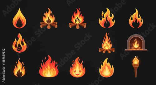 Collection of stylized fire icons flames bonfires torches and fireplace on dark background