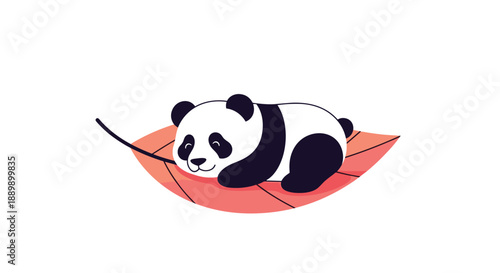 Cute giant panda bear lies on its stomach while sleeping peacefully on a large autumn leaf in a minimalist flat style illustration.