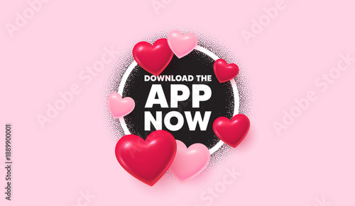 Download app picture frame banner. Circle photo frame. Download the app now. Web application sign. Get program software symbol. 3d hearts balloons. Grain dots pattern. Vector