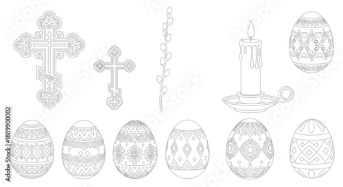 Orthodox Christian Easter symbols and decorated eggs in black and white line Orthodox cross