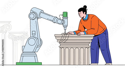 A person working alongside a robotic arm on a sculptural project at a stone pedestal in an industrial setting