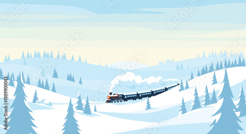 Classic steam train locomotive travels through a vast snowy winter landscape filled with frozen pine trees and rolling white hills.