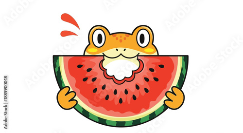 A cartoon frog happily holding a slice of juicy watermelon with a big smile on its face in a playful scene