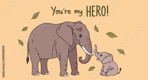 A young elephant sitting beside a large elephant with leaves floating around them in a heartwarming scene of love